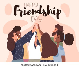 Happy Friendship Day card or poster design with a group of multiethnic friends raising their hands in a high fives greeting with happy smiles, colourful vector illustration