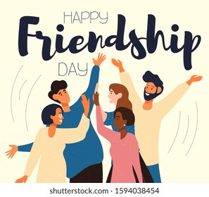 Happy Friendship Day card or poster design with a group of multiethnic friends raising their hands in a high fives greeting with happy smiles, colourful vector illustration