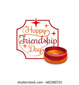 Happy Friendship Day card. Red and orange friendship wristbands. Lettering card. Vector typographic design