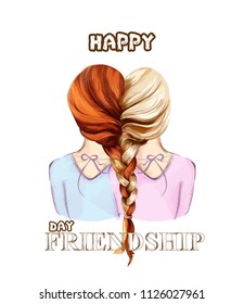 Happy Friendship day card Vector. Two girls united by hair braiding