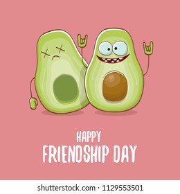 Happy friendship day cartoon comic greeting card with two avocado friends. Friendship day concept funky greeting card or party poster