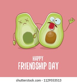 Happy friendship day cartoon comic greeting card with two avocado friends. Friendship day concept funky greeting card or party poster