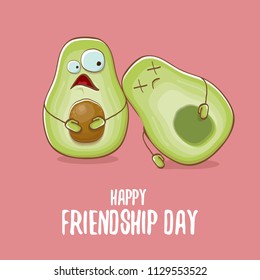 Happy friendship day cartoon comic greeting card with two avocado friends. Friendship day concept funky greeting card or party poster