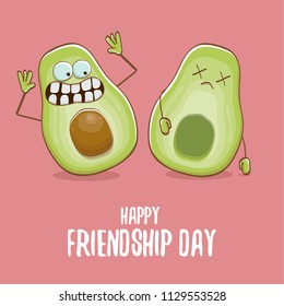 Happy friendship day cartoon comic greeting card with two avocado friends. Friendship day concept funky greeting card or party poster