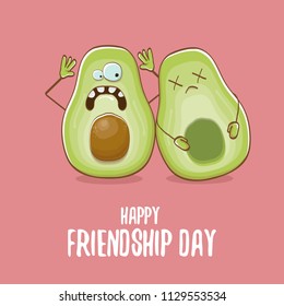 Happy friendship day cartoon comic greeting card with two avocado friends. Friendship day concept funky greeting card or party poster