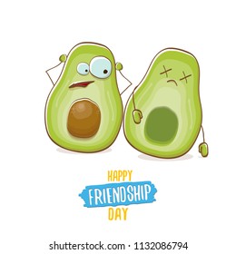 Happy friendship day cartoon comic greeting card with two avocado friends. Friendship day concept funky greeting card or party poster