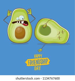 Happy friendship day cartoon comic greeting card with two avocado friends. Friendship day concept funky greeting card or party poster