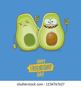 Happy friendship day cartoon comic greeting card with two avocado friends. Friendship day concept funky greeting card or party poster