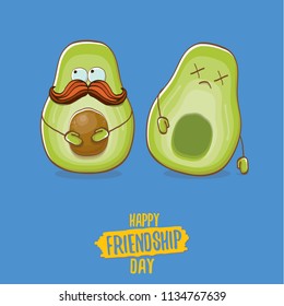 Happy friendship day cartoon comic greeting card with two avocado friends. Friendship day concept funky greeting card or party poster