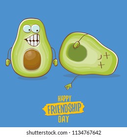 Happy friendship day cartoon comic greeting card with two avocado friends. Friendship day concept funky greeting card or party poster