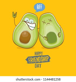 Happy friendship day cartoon comic greeting card with two avocado friends on orange background. Friendship day funky greeting card or party poster. BFF concept 