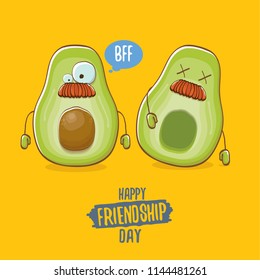 Happy friendship day cartoon comic greeting card with two avocado friends on orange background. Friendship day funky greeting card or party poster. BFF concept 