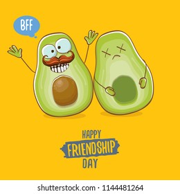 Happy friendship day cartoon comic greeting card with two avocado friends on orange background. Friendship day funky greeting card or party poster. BFF concept 