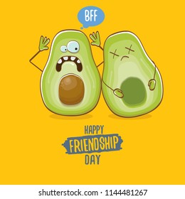 Happy friendship day cartoon comic greeting card with two avocado friends on orange background. Friendship day funky greeting card or party poster. BFF concept 
