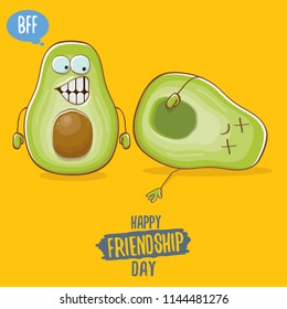 Happy friendship day cartoon comic greeting card with two avocado friends on orange background. Friendship day funky greeting card or party poster. BFF concept 