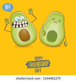 Happy friendship day cartoon comic greeting card with two avocado friends on orange background. Friendship day funky greeting card or party poster. BFF concept 