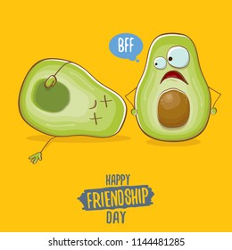 Happy friendship day cartoon comic greeting card with two avocado friends on orange background. Friendship day funky greeting card or party poster. BFF concept 