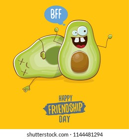 Happy friendship day cartoon comic greeting card with two avocado friends on orange background. Friendship day funky greeting card or party poster. BFF concept 