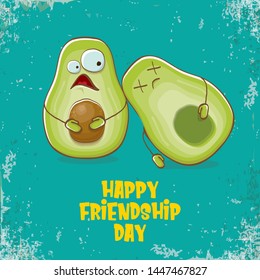 Happy friendship day cartoon comic greeting card with two avocado friends on turquoise background. Friendship day funky greeting card or party poster. BFF concept 