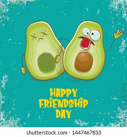 Happy friendship day cartoon comic greeting card with two avocado friends on turquoise background. Friendship day funky greeting card or party poster. BFF concept 