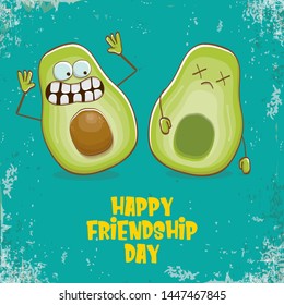 Happy friendship day cartoon comic greeting card with two avocado friends on turquoise background. Friendship day funky greeting card or party poster. BFF concept 