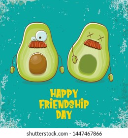 Happy friendship day cartoon comic greeting card with two avocado friends on turquoise background. Friendship day funky greeting card or party poster. BFF concept 