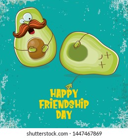 Happy friendship day cartoon comic greeting card with two avocado friends on turquoise background. Friendship day funky greeting card or party poster. BFF concept 