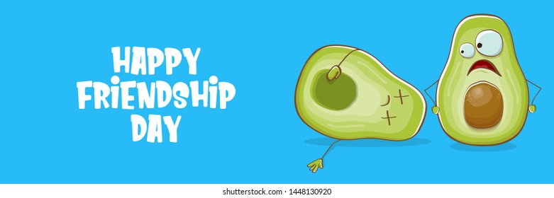 Happy friendship day cartoon comic horizontal banner with two avocado friends on blue background. Friendship day funky greeting card or party flyerr. BFF concept 