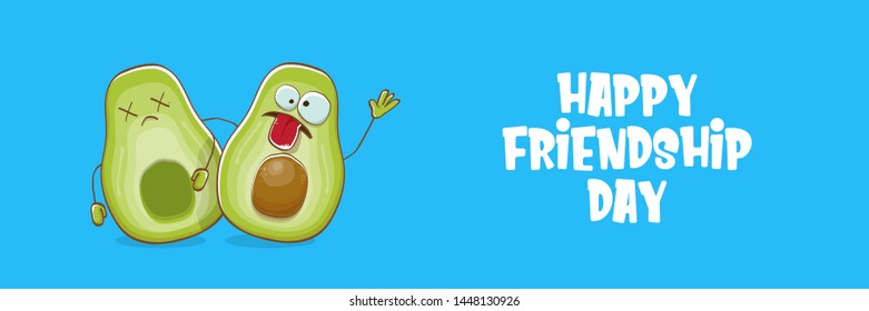 Happy friendship day cartoon comic horizontal banner with two avocado friends on blue background. Friendship day funky greeting card or party flyerr. BFF concept 
