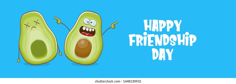 Happy friendship day cartoon comic horizontal banner with two avocado friends on blue background. Friendship day funky greeting card or party flyerr. BFF concept 