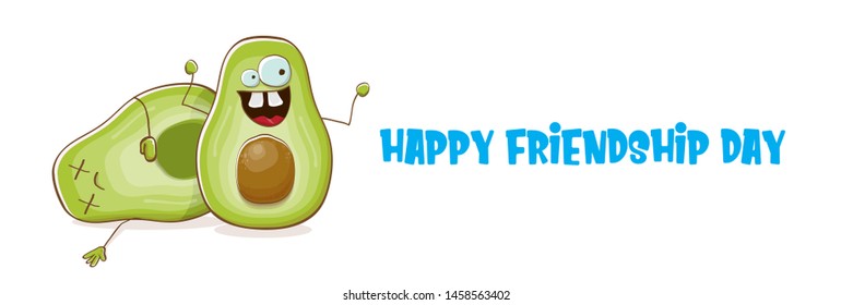 Happy friendship day cartoon comic horizontal banner with two funky avocado friends isolated on white background. Friendship day funky greeting card or party flyerr. BFF concept 