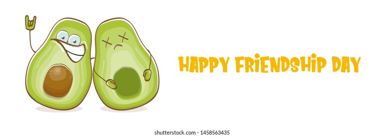 Happy friendship day cartoon comic horizontal banner with two funky avocado friends isolated on white background. Friendship day funky greeting card or party flyerr. BFF concept 