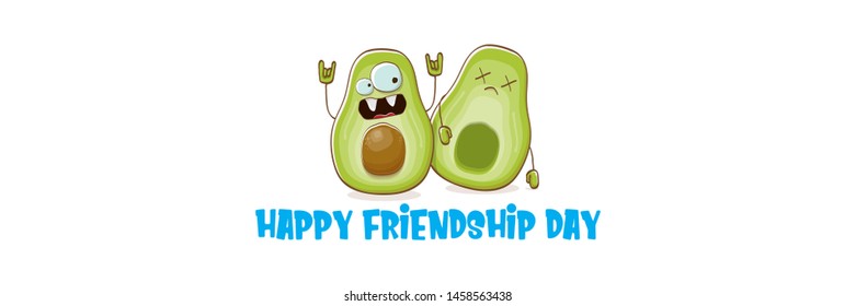 Happy friendship day cartoon comic horizontal banner with two funky avocado friends isolated on white background. Friendship day funky greeting card or party flyerr. BFF concept 