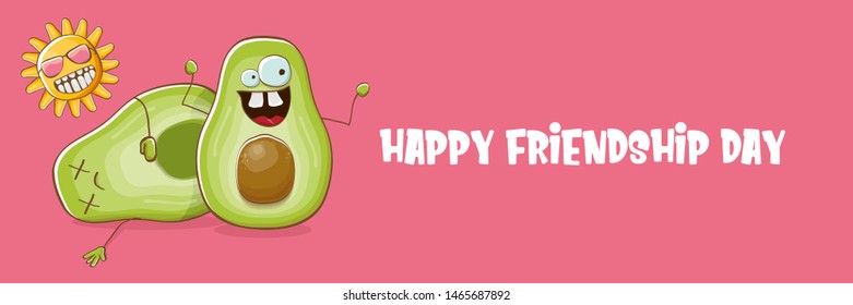 Happy friendship day cartoon comic horizontal banner with two funky avocado friends and cartoon sun isolated on pink background. Friendship day funky greeting card or party flyerr. BFF concept 