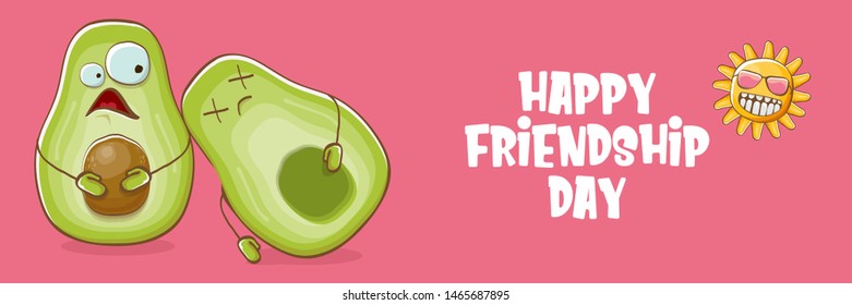 Happy friendship day cartoon comic horizontal banner with two funky avocado friends and cartoon sun isolated on pink background. Friendship day funky greeting card or party flyerr. BFF concept 