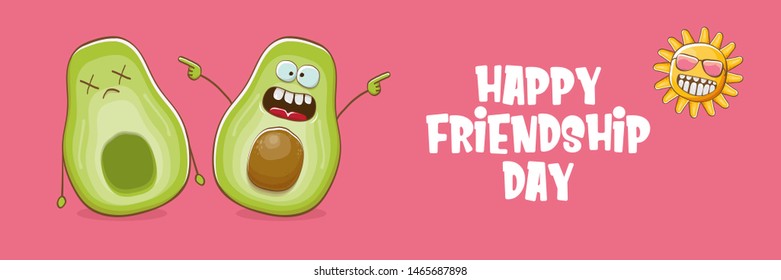 Happy friendship day cartoon comic horizontal banner with two funky avocado friends and cartoon sun isolated on pink background. Friendship day funky greeting card or party flyerr. BFF concept 