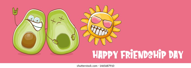 Happy friendship day cartoon comic horizontal banner with two funky avocado friends and cartoon sun isolated on pink background. Friendship day funky greeting card or party flyerr. BFF concept 