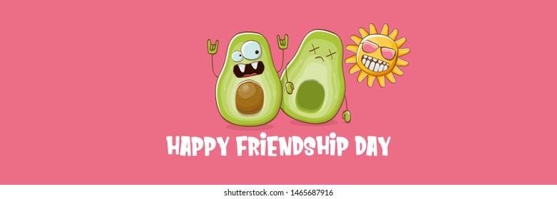 Happy friendship day cartoon comic horizontal banner with two funky avocado friends and cartoon sun isolated on pink background. Friendship day funky greeting card or party flyerr. BFF concept 