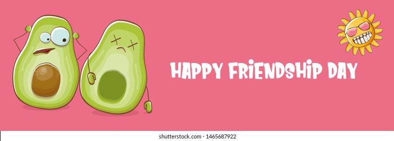 Happy friendship day cartoon comic horizontal banner with two funky avocado friends and cartoon sun isolated on pink background. Friendship day funky greeting card or party flyerr. BFF concept 