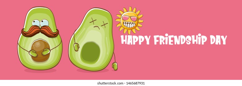 Happy friendship day cartoon comic horizontal banner with two funky avocado friends and cartoon sun isolated on pink background. Friendship day funky greeting card or party flyerr. BFF concept 