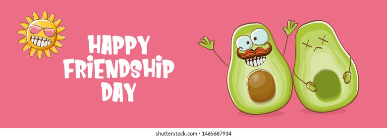 Happy friendship day cartoon comic horizontal banner with two funky avocado friends and cartoon sun isolated on pink background. Friendship day funky greeting card or party flyerr. BFF concept 