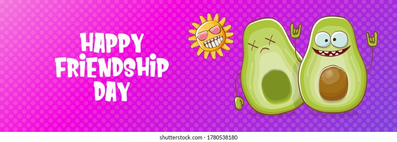 Happy friendship day cartoon comic horizontal banner with two funky avocado friends and cartoon sun isolated on violet background. Friendship day funky greeting card or party flyer. BFF concept 