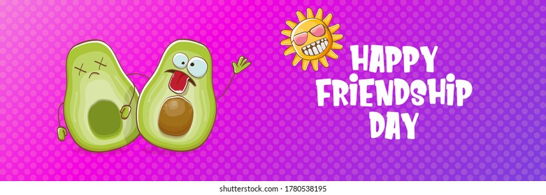 Happy friendship day cartoon comic horizontal banner with two funky avocado friends and cartoon sun isolated on violet background. Friendship day funky greeting card or party flyer. BFF concept 
