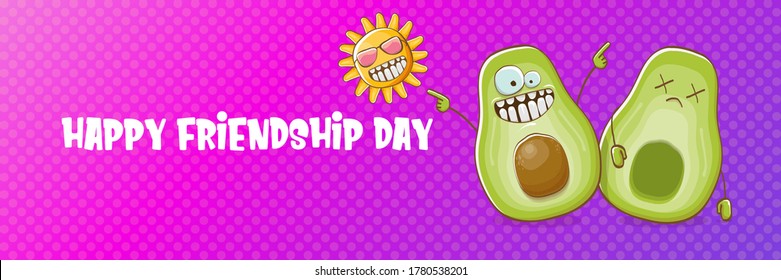 Happy friendship day cartoon comic horizontal banner with two funky avocado friends and cartoon sun isolated on violet background. Friendship day funky greeting card or party flyer. BFF concept 