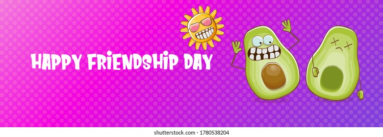 Happy friendship day cartoon comic horizontal banner with two funky avocado friends and cartoon sun isolated on violet background. Friendship day funky greeting card or party flyer. BFF concept 
