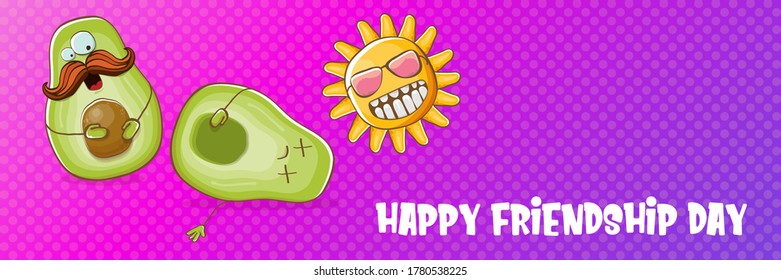 Happy friendship day cartoon comic horizontal banner with two funky avocado friends and cartoon sun isolated on violet background. Friendship day funky greeting card or party flyer. BFF concept 