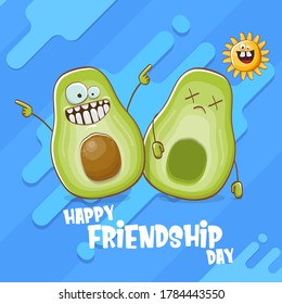 Happy friendship day cartoon comic greeting card with two avocado friends isolated on abstract blue background. Friendship day funky greeting card or party poster. BFF concept 