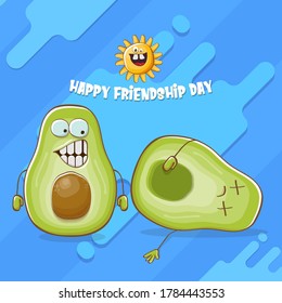 Happy friendship day cartoon comic greeting card with two avocado friends isolated on abstract blue background. Friendship day funky greeting card or party poster. BFF concept 
