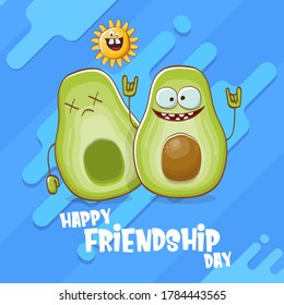 Happy friendship day cartoon comic greeting card with two avocado friends isolated on abstract blue background. Friendship day funky greeting card or party poster. BFF concept 