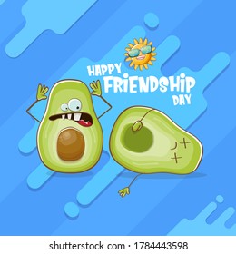 Happy friendship day cartoon comic greeting card with two avocado friends isolated on abstract blue background. Friendship day funky greeting card or party poster. BFF concept 